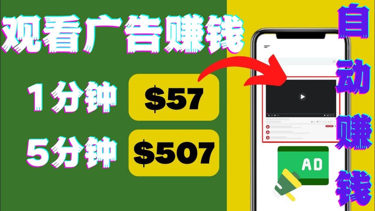 观看视频广告，只需要点击广告，每5分钟赚57美元-创想网