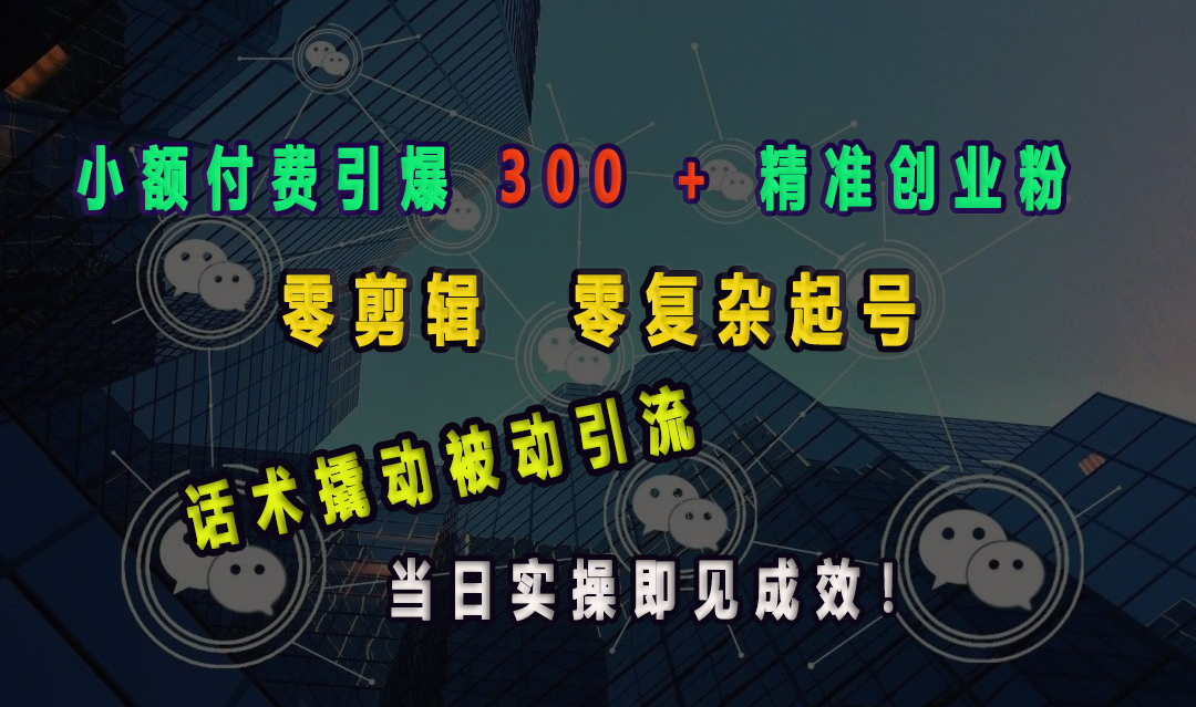 小额付费引爆 300 + 精准创业粉，零剪辑、零复杂起号，话术撬动被动引流，当日实操即见成效！-创想网