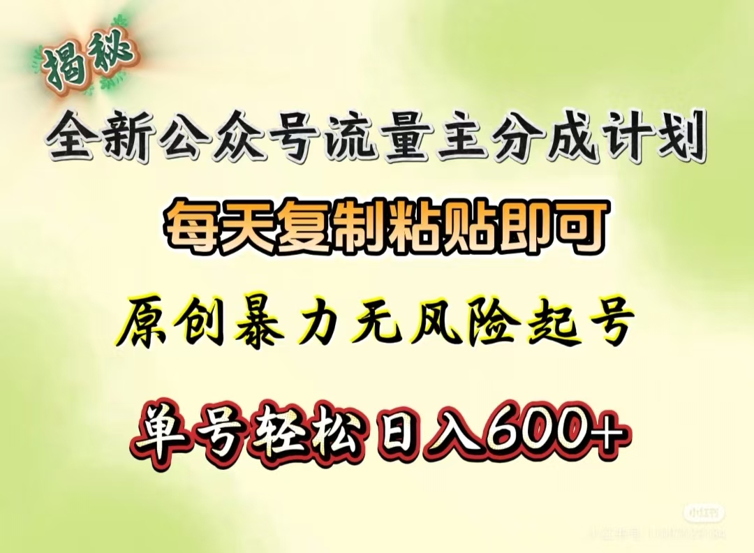 全新公众号流量主分成计划，每天复制粘贴即可，原创暴力起号无风险，单号轻松日入600+（揭秘）-创想网
