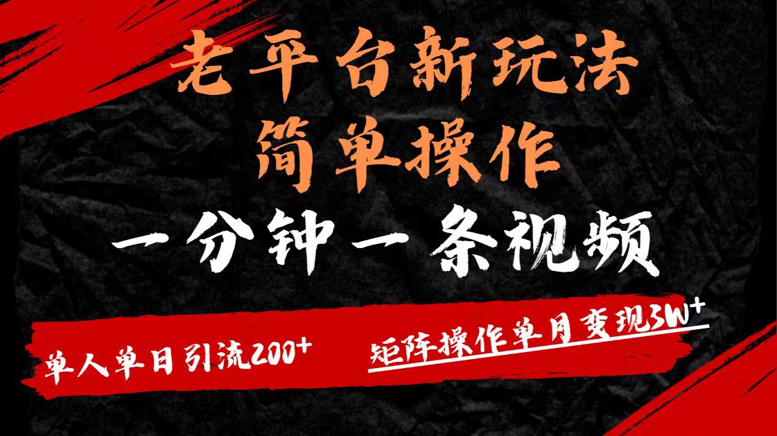 老平台，新玩法，简单操作，一分钟一条视频，单人单人引流200+矩阵操作，单月变现3W-创想网