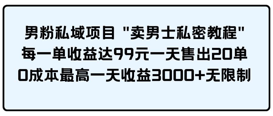 男粉私域项目 卖男士私密教程 每一单收益达99元一天售出20单-创想网
